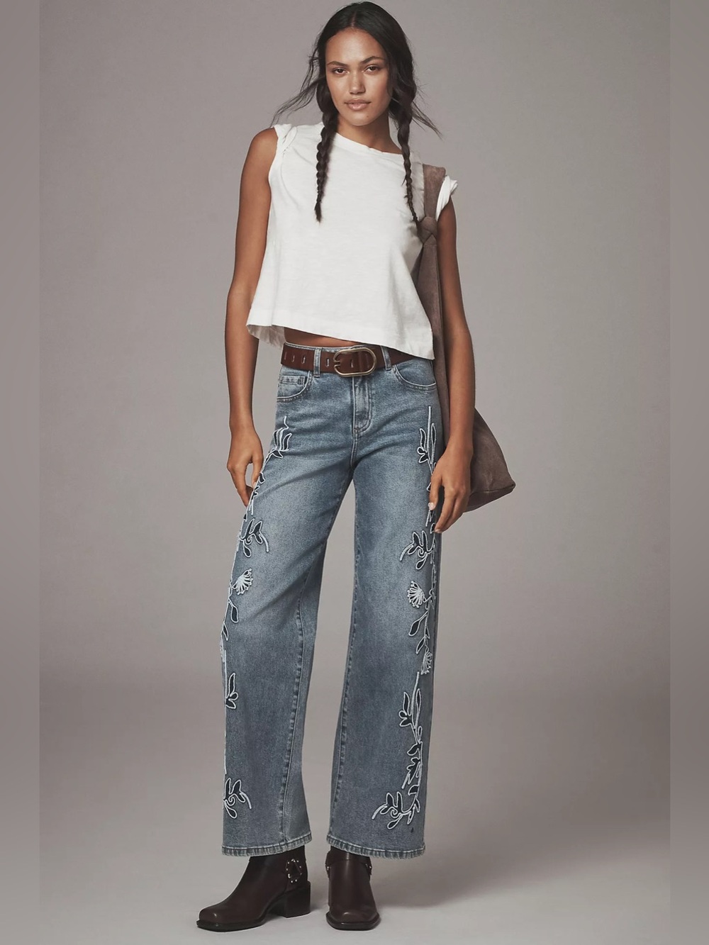 Anthropologie Siempre Zoey Embroidered High-Rise Wide-Leg Jeans Size 27